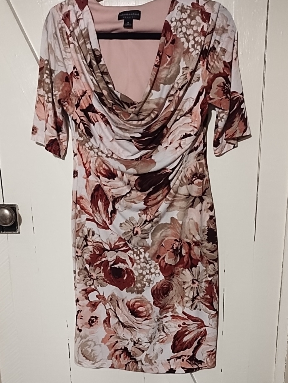 connected apparel Floral Cowl-Neck Midi Dress in Pink and Brown EUC Size 12.